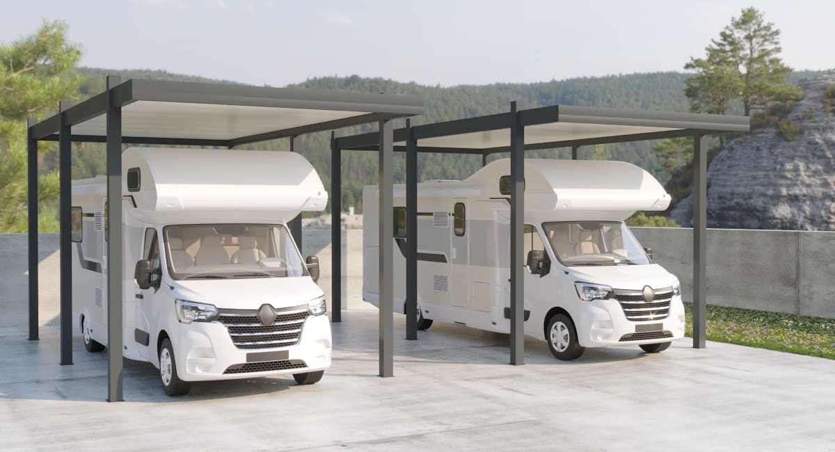 Abrigo de Viatura em Alumínio Telhado Plano Autoportante para Autocaravana Design à Medida
