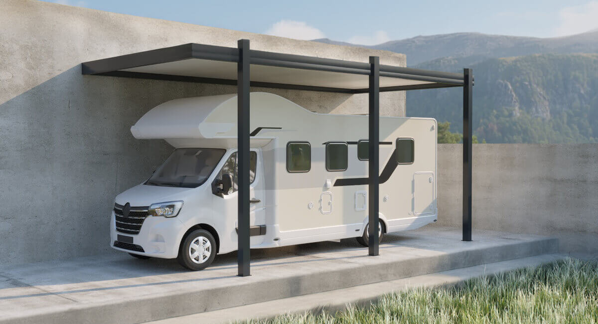 Abrigo de Viatura em Alumínio Telhado Plano Encostado para Autocaravana Design à Medida