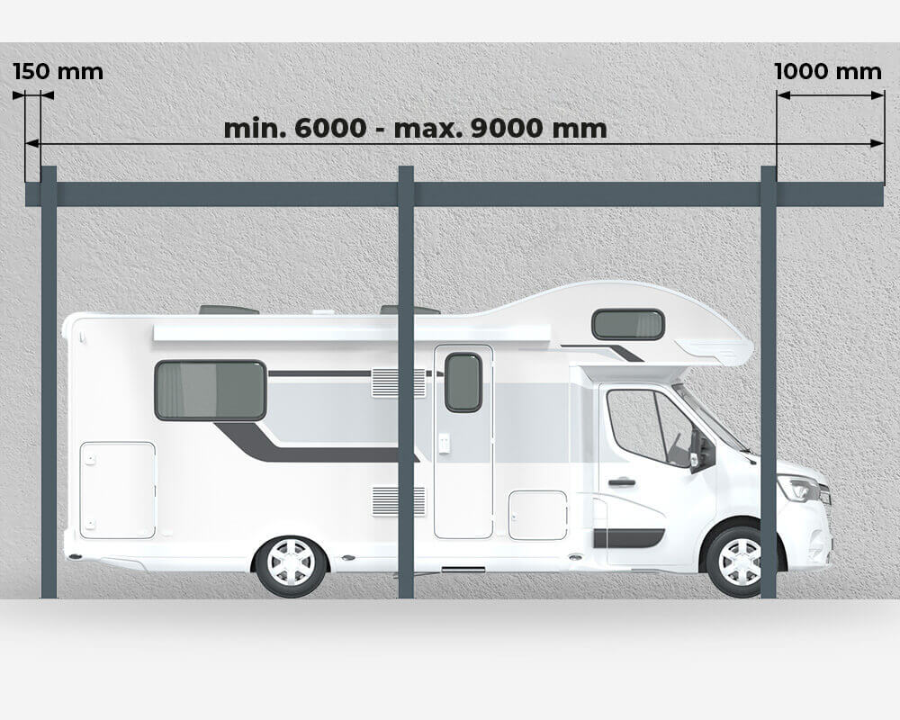 Comprimento Abrigo de Viatura em Alumínio Telhado Plano Encostado para Autocaravana Design à Medida