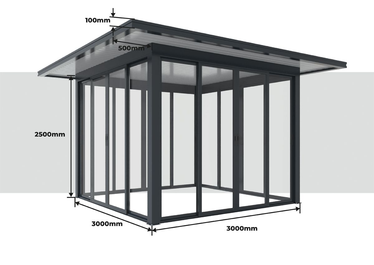 Dimensões Totais porta de correr Pérgola Alumínio Telhado Plano com Rebordo 4000 x 4000 mm