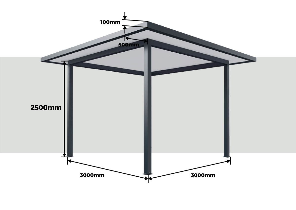 Dimensões Totais Pérgola Alumínio Telhado Plano com Rebordo 4000 x 4000 mm