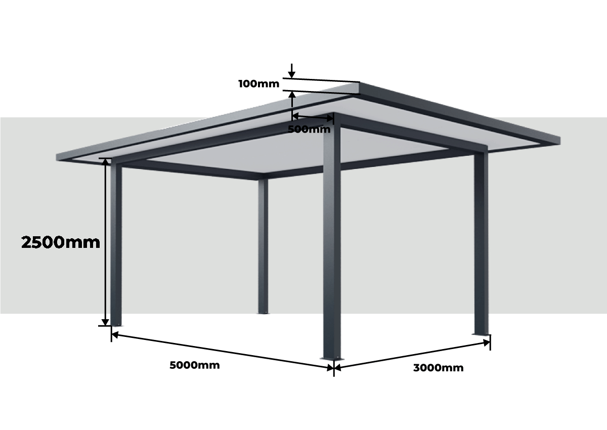 Dimensões totais Pérgola Alumínio Telhado Plano com Rebordo 6000 x 4000 mm