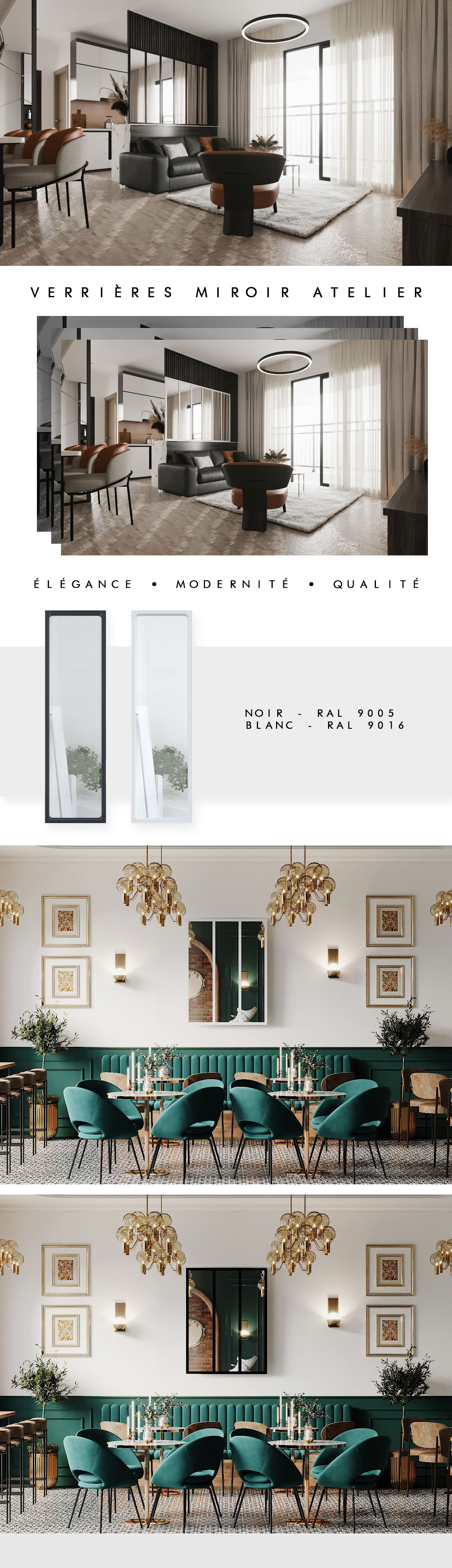 Ensemble de 3 Verrieres Miroir Acier Type Atelier